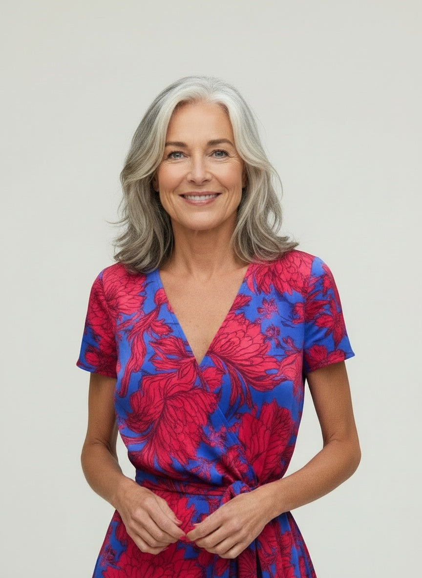 Close-up of the model wearing Midi wikkeljurk met print en V-hals voor dames – vrouwelijk en flatterend