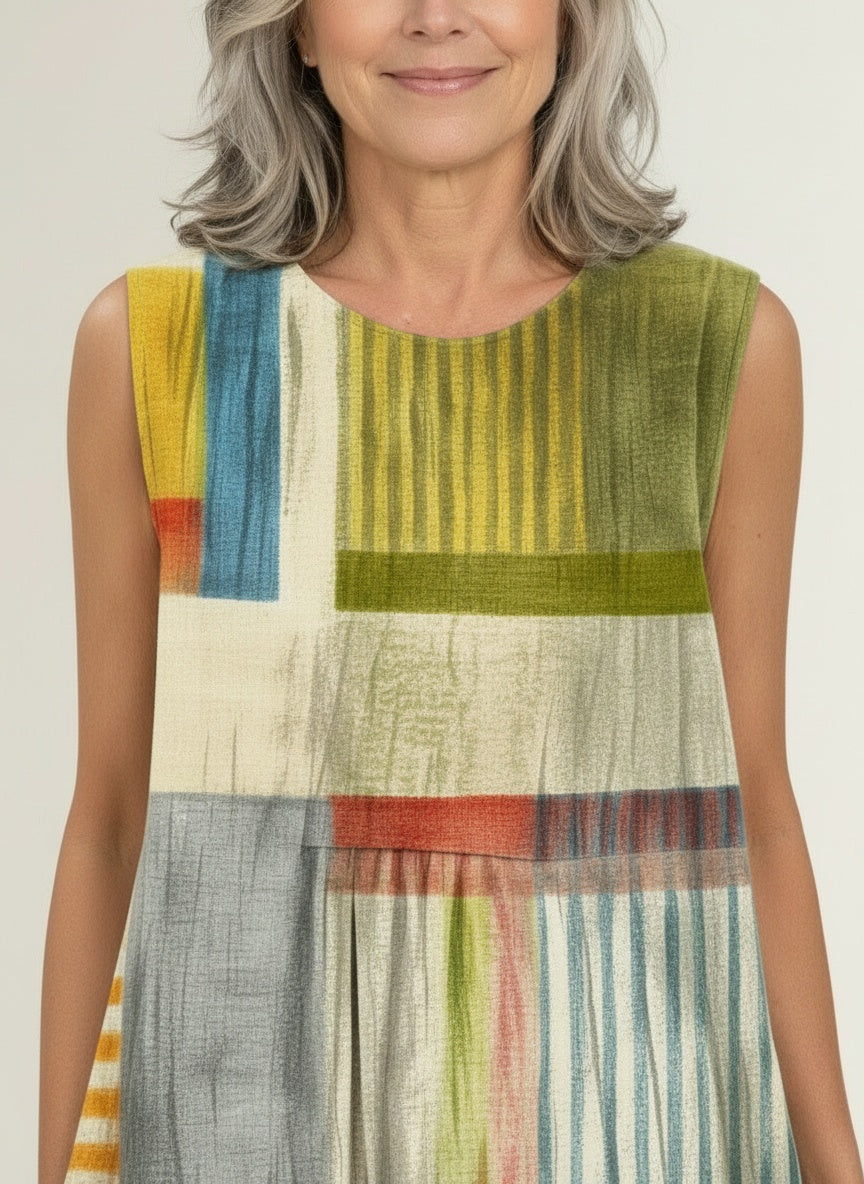 Close-up of the model wearing Midi zomerjurk met geometrisch patroon voor dames – mouwloos en kleurrijk
