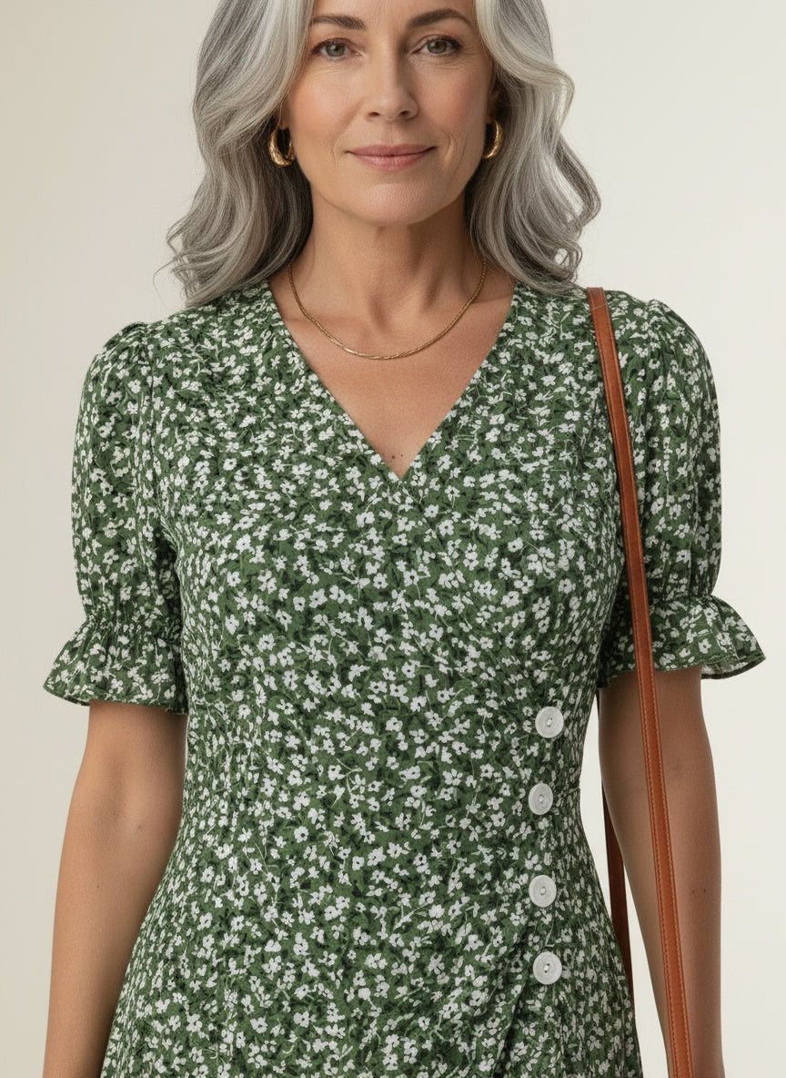 Close-up of the model wearing Portefeuille jurk met bloemenprint en volantmouwen voor dames