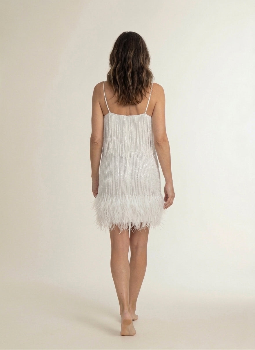 Minijurk met franjes, verenzoom en fijne bandjes voor dames – glamoureus - 3