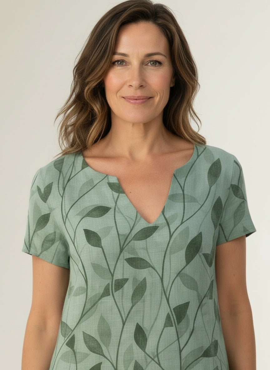 Close-up of the model wearing Midi-jurk met V-hals en bladprint voor dames – vloeiend en veelzijdig