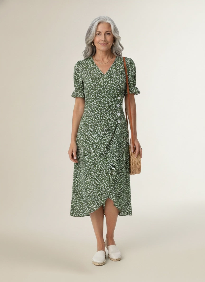 Full body view of the model wearing Portefeuille jurk met bloemenprint en volantmouwen voor dames