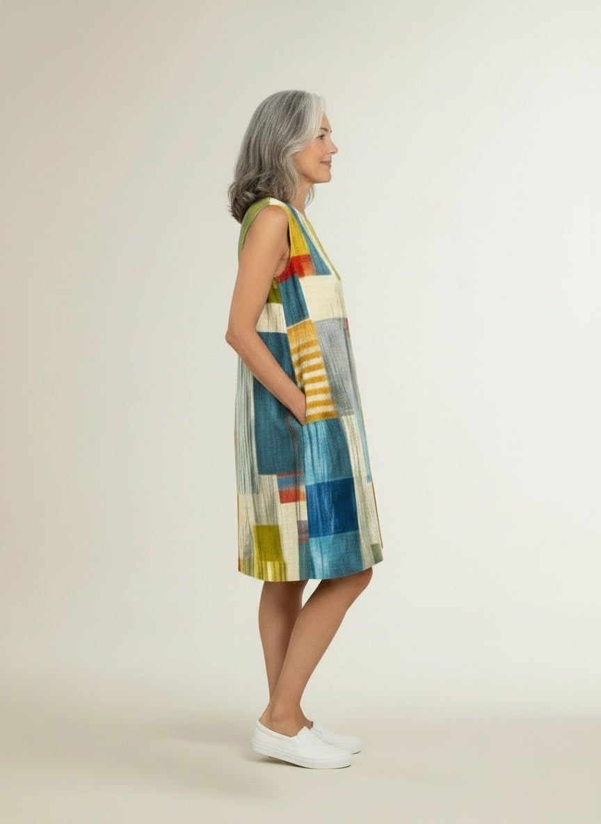 Side profile of the model wearing Midi zomerjurk met geometrisch patroon voor dames – mouwloos en kleurrijk