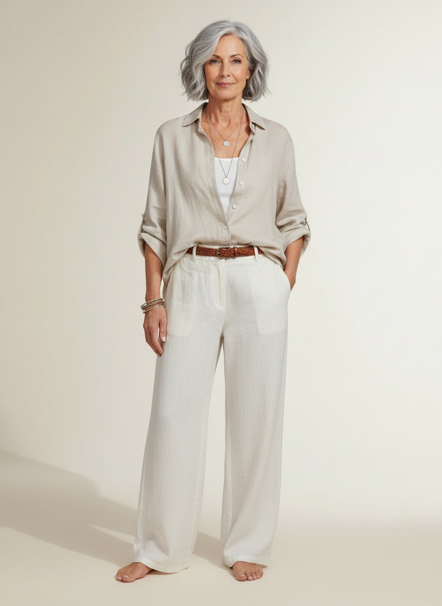 Full body view of the model wearing Linnen zomerblouse voor dames – luchtig en tijdloos