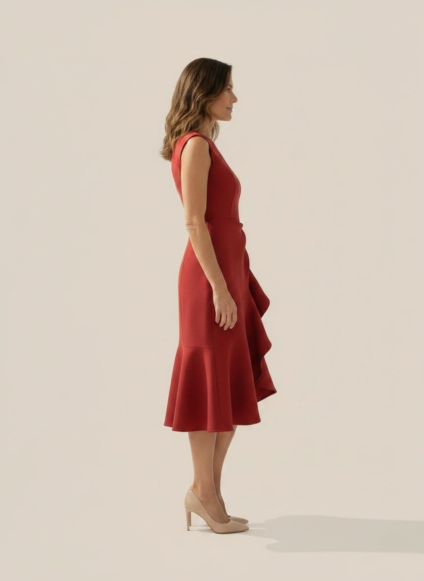 Side profile of the model wearing Midi jurk met gestructureerde snit voor dames – verfijnd en chic