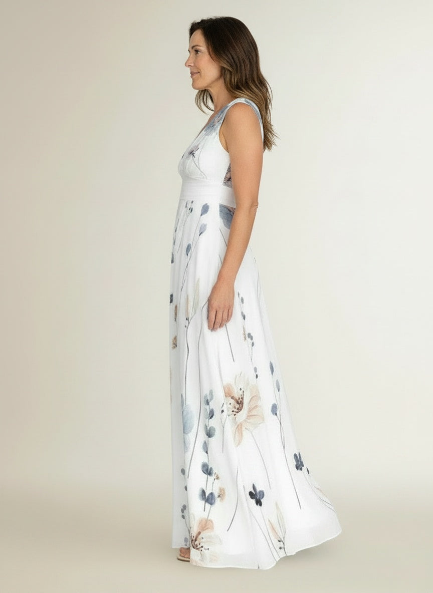 Side profile of the model wearing Midi-jurk met bloemenprint en V-hals voor dames – vrouwelijk en zomers