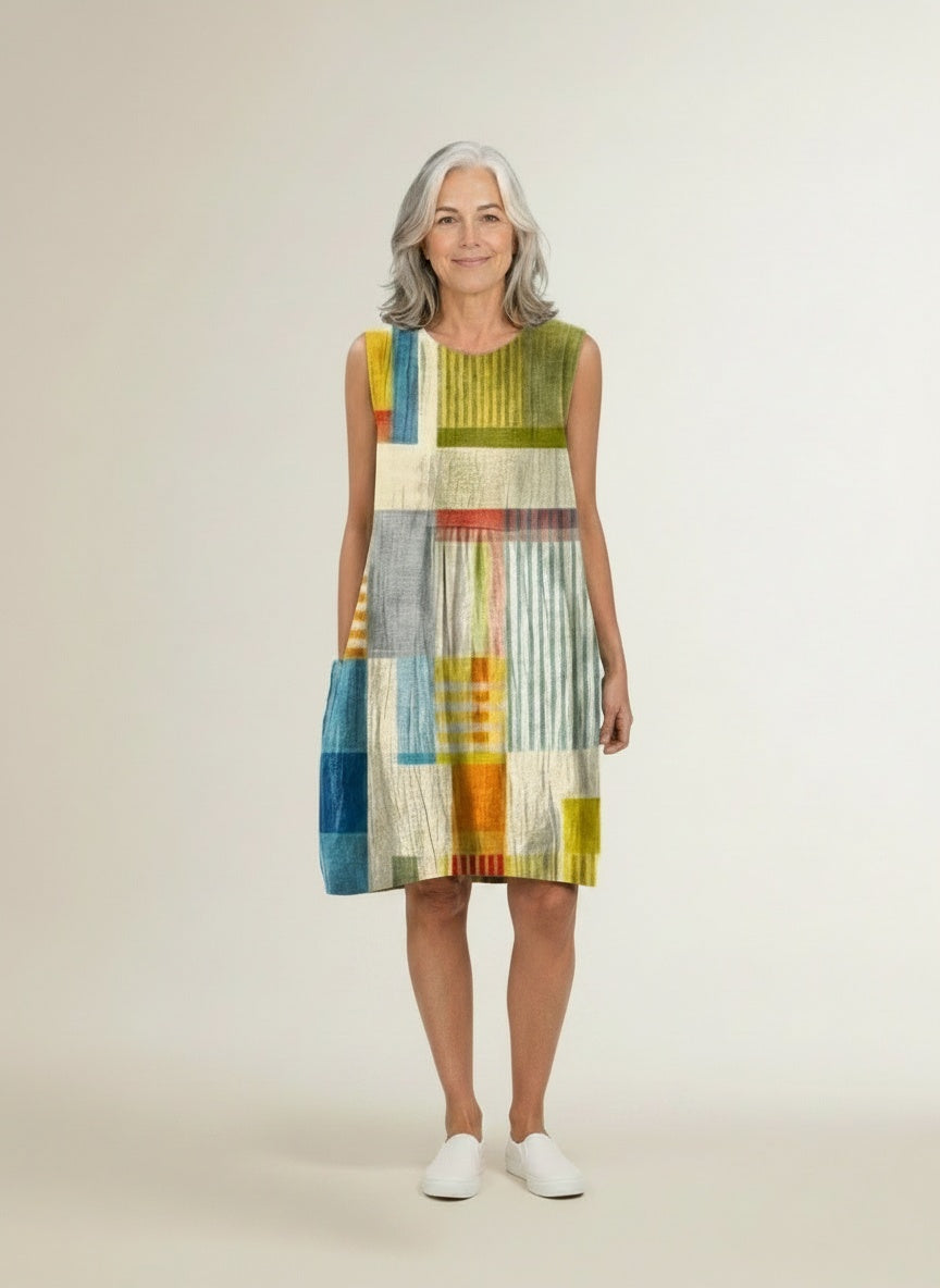 Full body view of the model wearing Midi zomerjurk met geometrisch patroon voor dames – mouwloos en kleurrijk