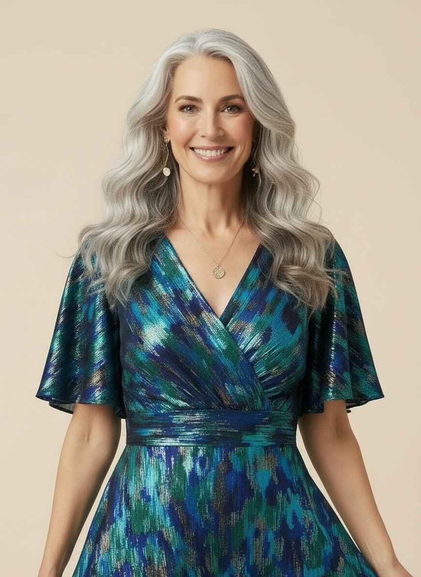 Close-up of the model wearing Midi zomerjurk met V-hals en bloemenprint voor dames