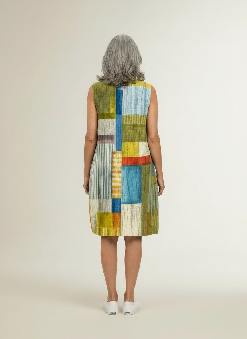 Back pose of the model wearing Midi zomerjurk met geometrisch patroon voor dames – mouwloos en kleurrijk