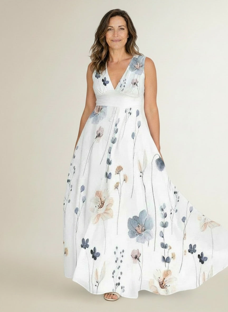 Full body view of the model wearing Midi-jurk met bloemenprint en V-hals voor dames – vrouwelijk en zomers