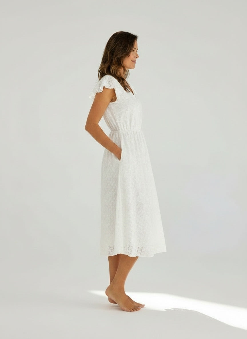 Side profile of the model wearing Midi zomerjurk met V-hals en korte mouwen met ruffles voor dames