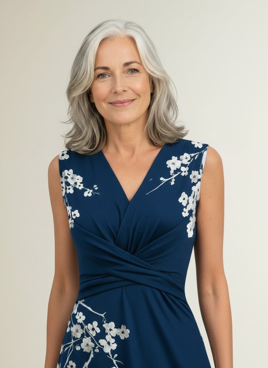 Close-up of the model wearing Mouwloze zomerjurk met overslag voor dames – vrouwelijk en verfijnd
