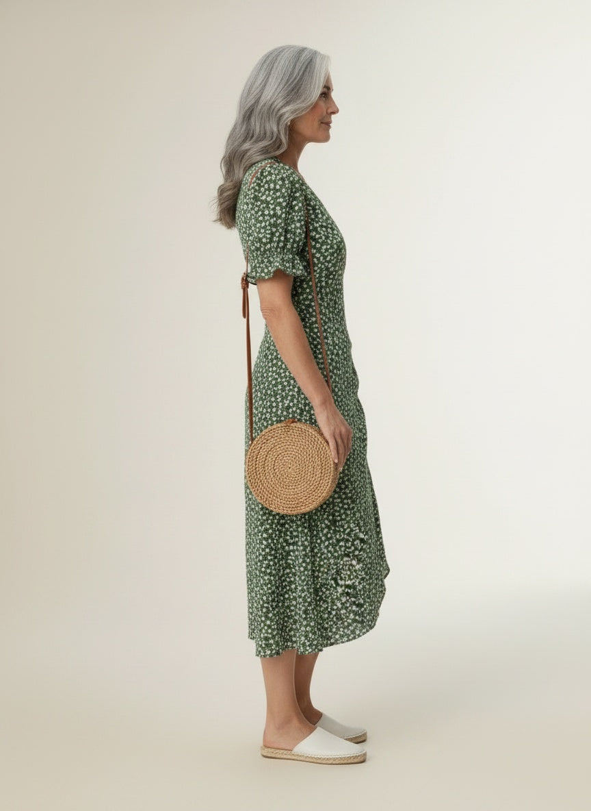 Side profile of the model wearing Portefeuille jurk met bloemenprint en volantmouwen voor dames