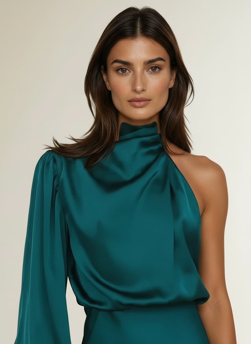 Close-up of the model wearing Satijnen mini avondjurk met één schouder voor dames