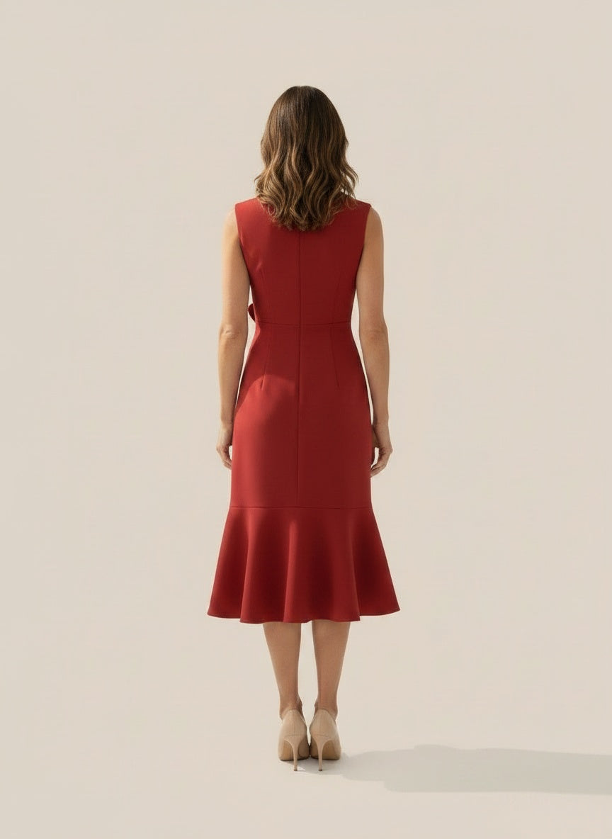 Back pose of the model wearing Midi jurk met gestructureerde snit voor dames – verfijnd en chic