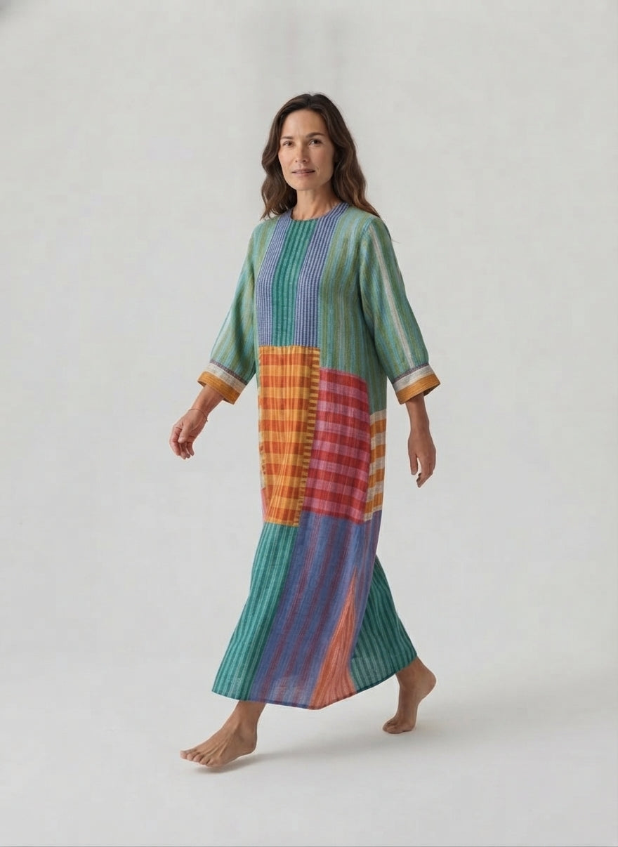 Maxi jurk van linnen met kleurblokstrepen voor dames – oversized en bohemian - 1
