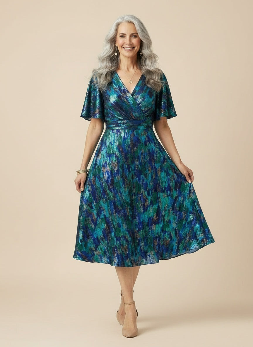 Full body view of the model wearing Midi zomerjurk met V-hals en bloemenprint voor dames
