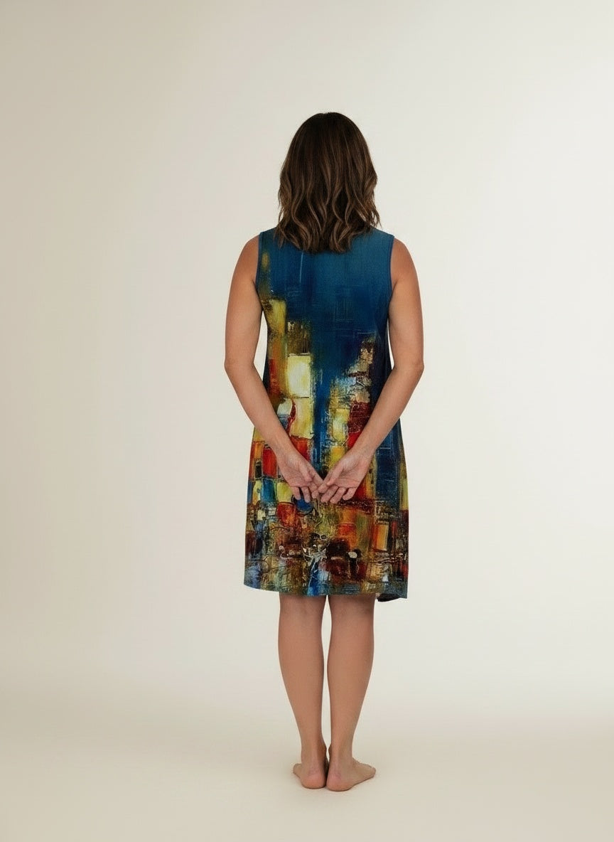 Back pose of the model wearing Mouwloze mini jurk met print voor dames – zomers en vrouwelijk
