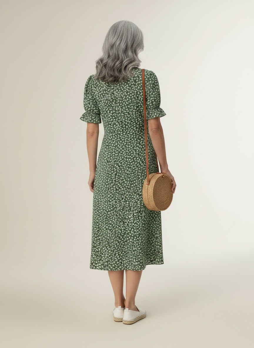Back pose of the model wearing Portefeuille jurk met bloemenprint en volantmouwen voor dames