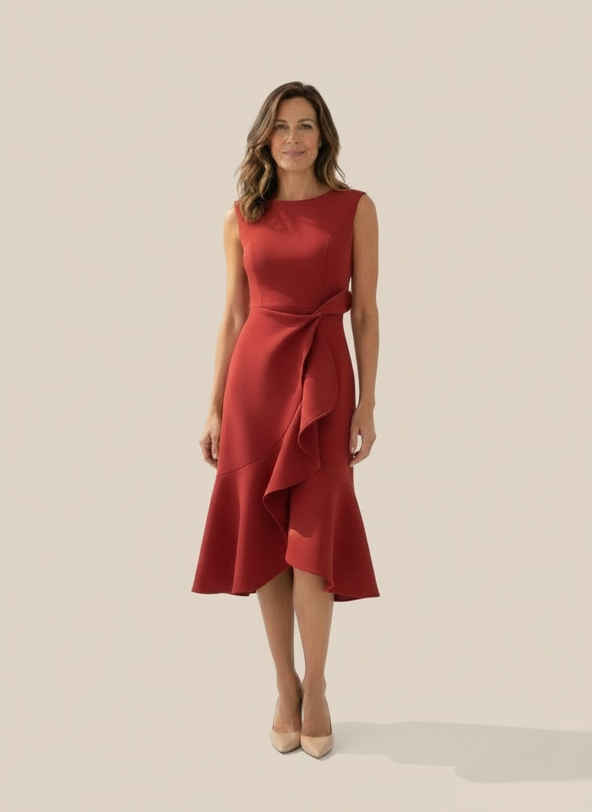 Full body view of the model wearing Midi jurk met gestructureerde snit voor dames – verfijnd en chic