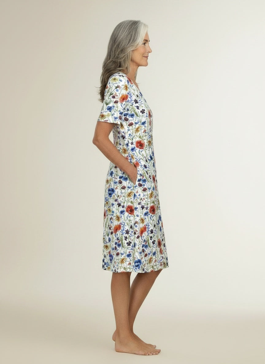 Side profile of the model wearing Midi jurk met bloemenprint en korte mouwen voor dames – zomers